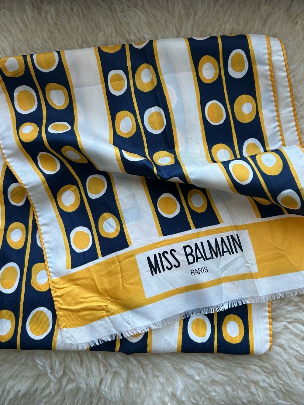 Vintage Miss Balmain Paris Yellow & Navy Patterned Silk Scarf